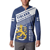 Men's blue button sweatshirt on model with Finland lion crest front design