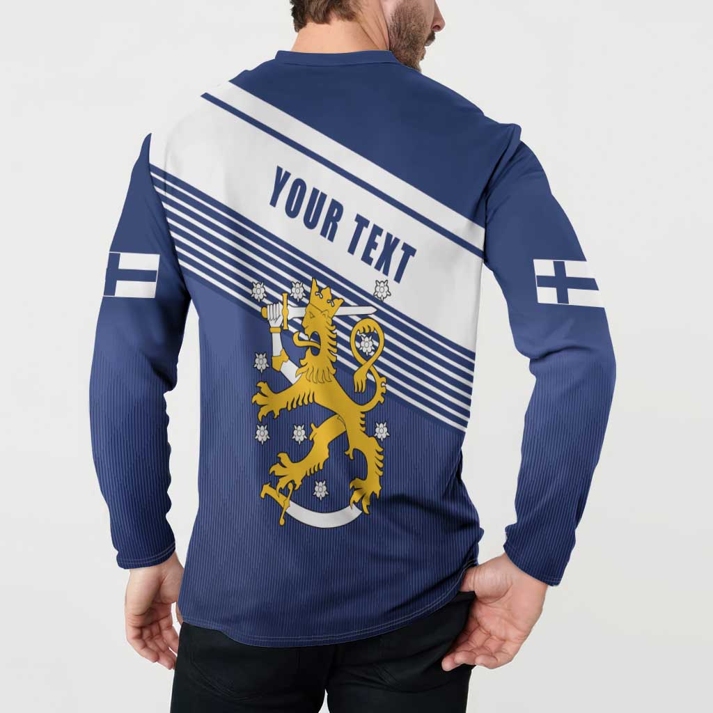 Men's blue button sweatshirt back with YOUR TEXT and Finland lion crest