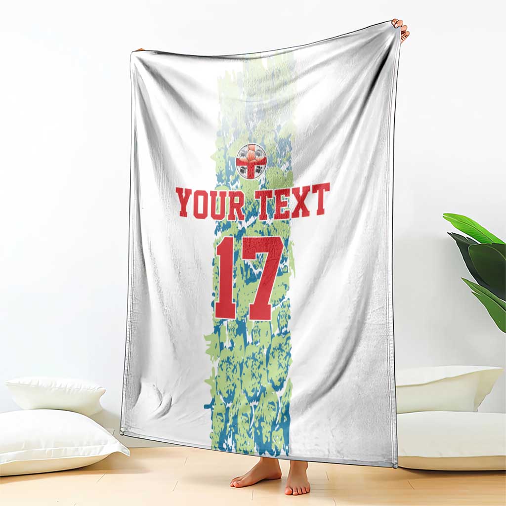 Custom football blanket, white with number 17 portrait graphic and red “YOUR TEXT”