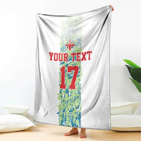 Custom football blanket, white with number 17 portrait graphic and red “YOUR TEXT”