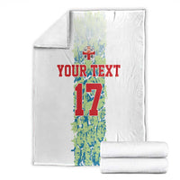 Custom football blanket set, folded white blanket with number 17 graphic and red “YOUR TEXT”