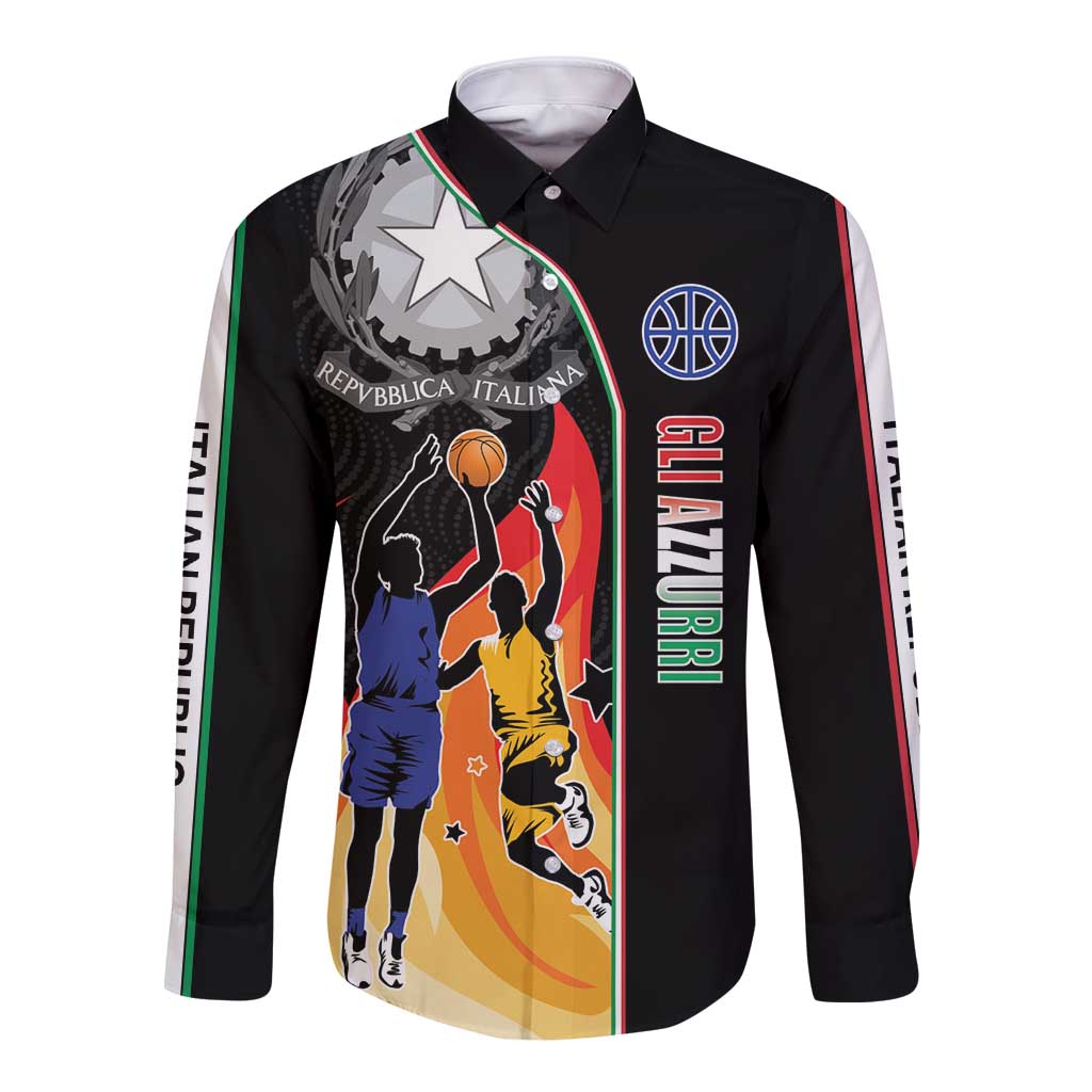 Black long-sleeve button shirt with colorful basketball graphic and striped sleeves