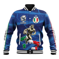 Blue baseball varsity jacket with ribbed collar, button front, and Italian crest graphic