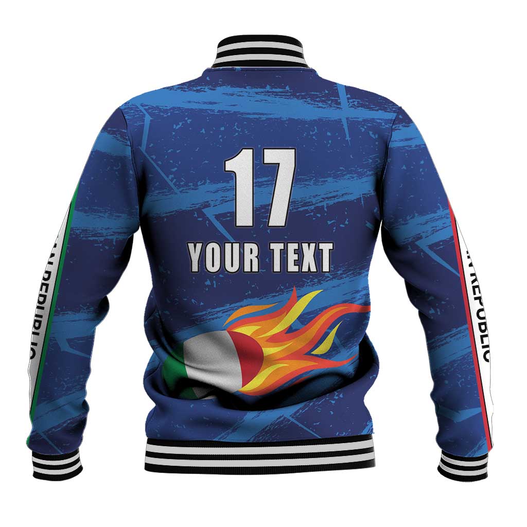 Blue back baseball jacket with ribbed hem, '17' and 'YOUR TEXT' over flame Italy graphic