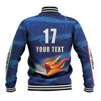 Blue back baseball jacket with ribbed hem, '17' and 'YOUR TEXT' over flame Italy graphic