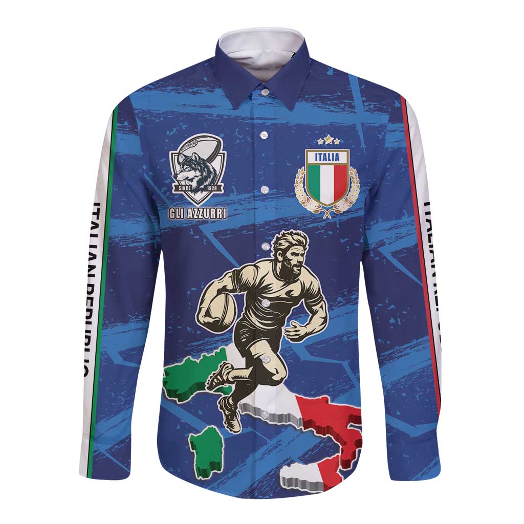 Blue long-sleeve button rugby shirt with Italia crest and player graphic