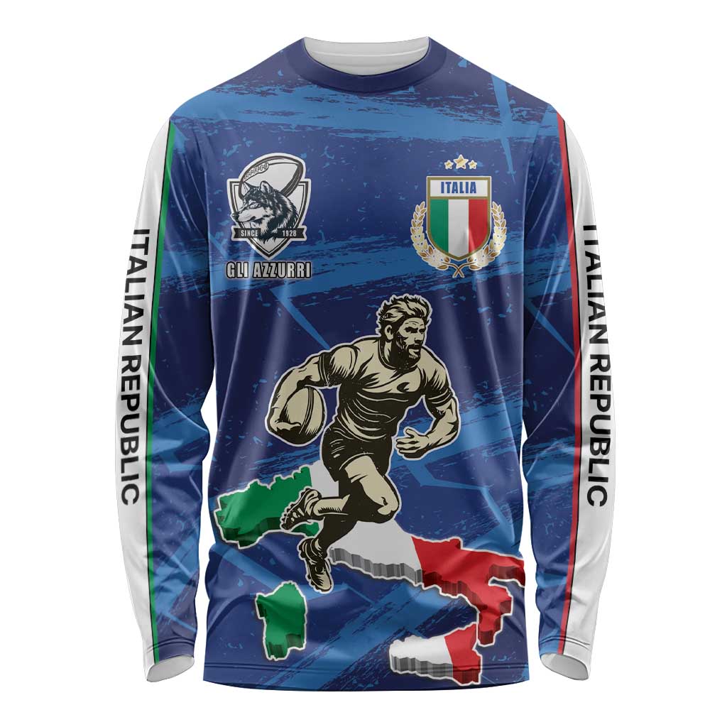 Blue rugby-style long-sleeve shirt with Italy crest, map graphic, and player print