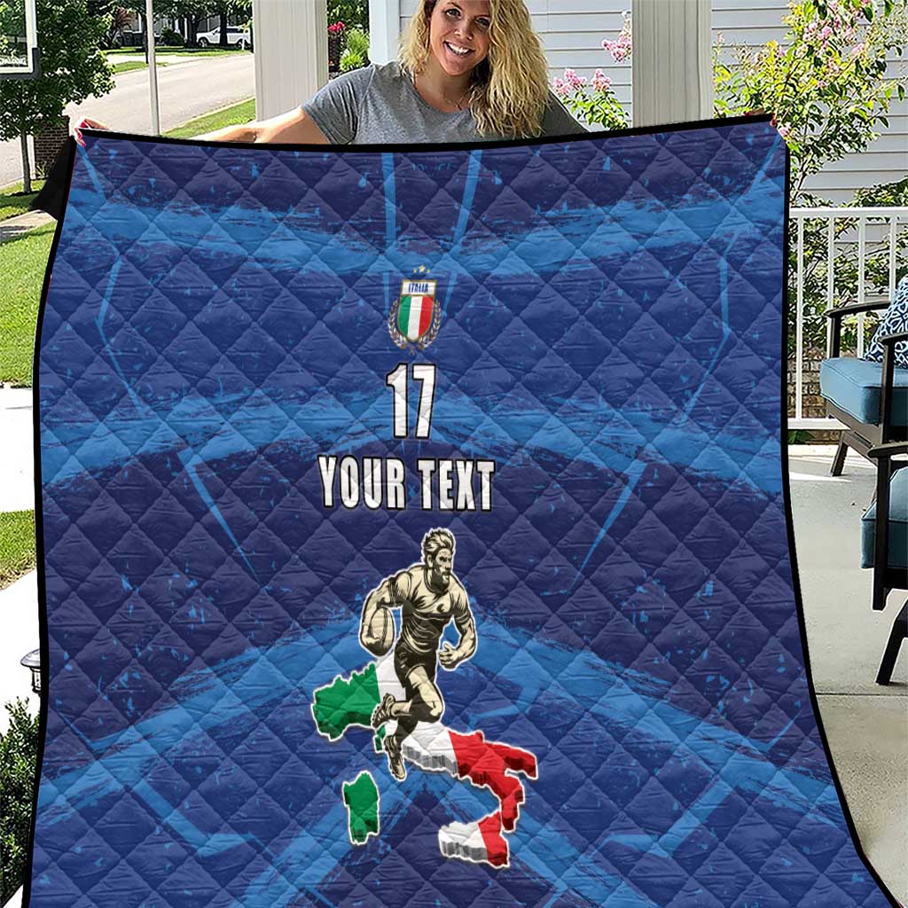 Blue personalized quilt held outdoors, rugby player graphic, Italy crest, number 17, your text
