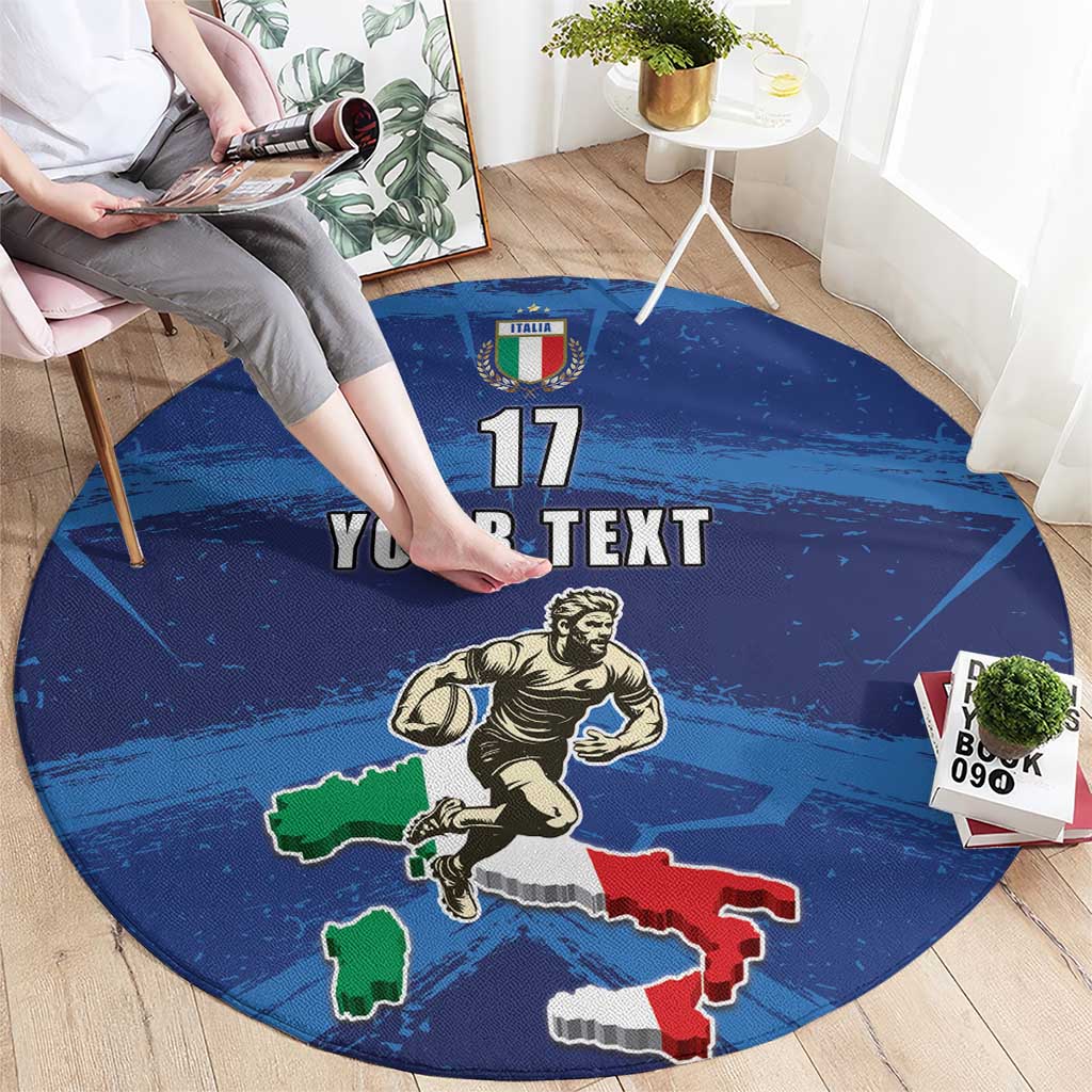 Blue round rug showing "17 YOUR TEXT" with rugby player and Italy map design