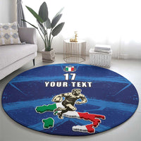 Blue circular carpet rug with "17 YOUR TEXT" rugby player and Italy map graphic