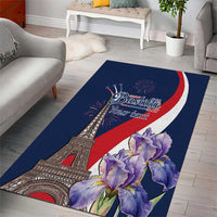 Blue area rug featuring Eiffel Tower, Bastille Day lettering, and purple iris flowers