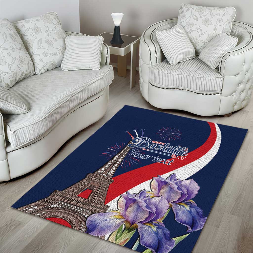 Blue area rug with Eiffel Tower, Bastille Day graphic, and purple flower bouquet