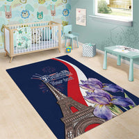 Blue area rug with Eiffel Tower, red-white curve, and purple flowers for Bastille Day