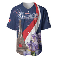 Personalized navy baseball jersey with red-white stripe, Eiffel, flowers, 'Happy Bastille Day'