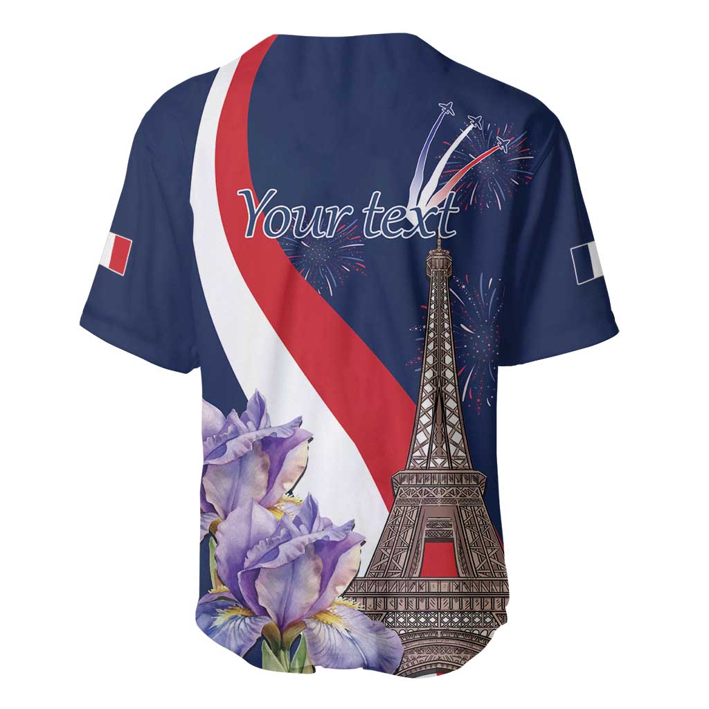 Personalized navy baseball jersey back with red-white stripe, Eiffel, purple flowers, 'Your text'