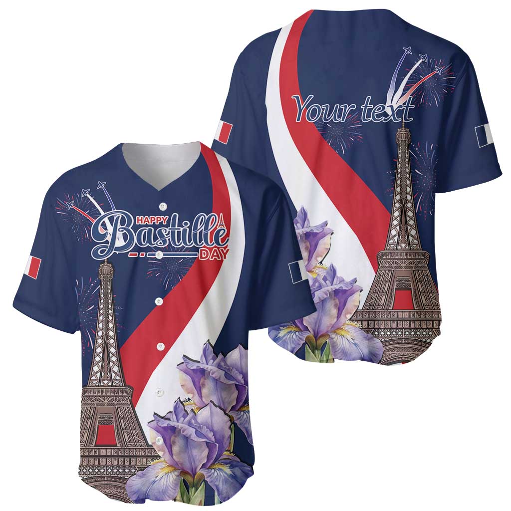 Personalized navy baseball jersey set: front 'Happy Bastille Day', back 'Your text', Eiffel