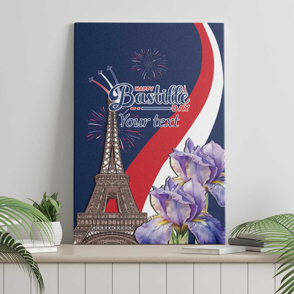 Blue canvas wall art with Eiffel Tower, fireworks, purple flowers, and “Happy Bastille Day”