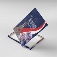 Blue canvas wall art tilted view with Eiffel Tower, fireworks, purple flowers, and “Happy Bastille Day”
