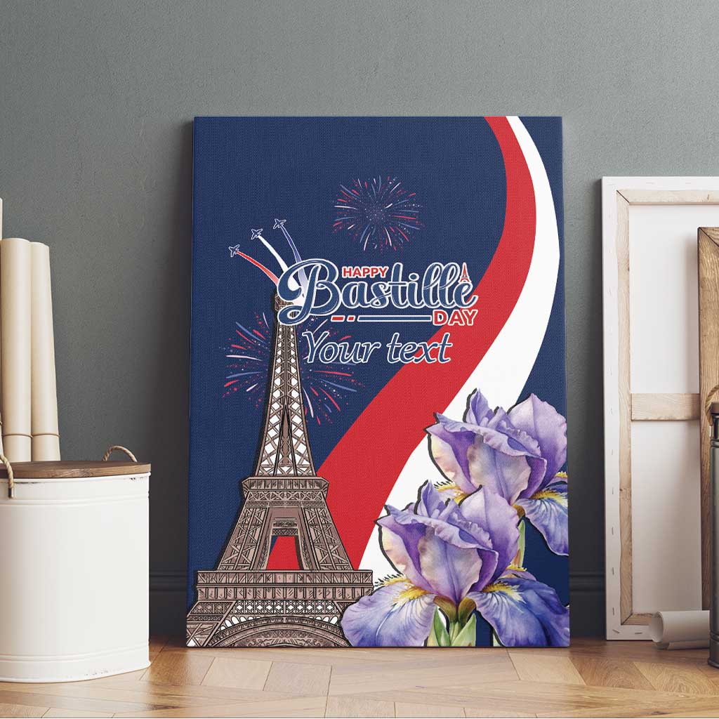 Framed blue canvas wall art with Eiffel Tower, fireworks, purple flowers, and “Your text”