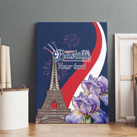Framed blue canvas wall art with Eiffel Tower, fireworks, purple flowers, and “Your text”