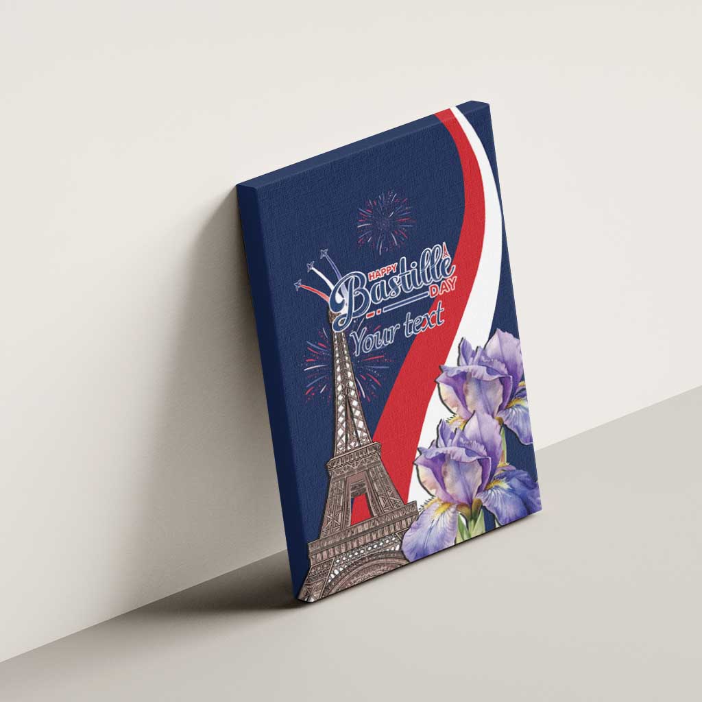 Blue canvas wall art on wall with Eiffel Tower, fireworks, and purple flowers