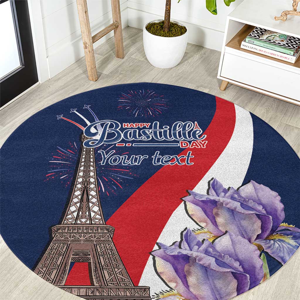 Blue round carpet with Eiffel Tower, red/white diagonal stripes and purple flowers