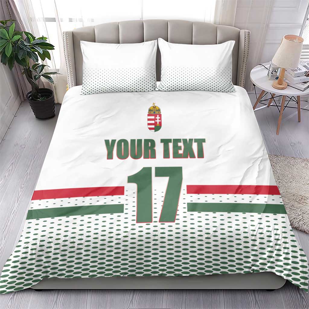 White duvet and two pillows with Hungarian crest, “YOUR TEXT” and large “17” design