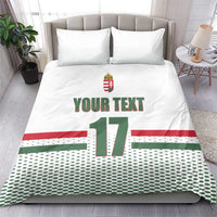 White duvet and two pillows with Hungarian crest, “YOUR TEXT” and large “17” design