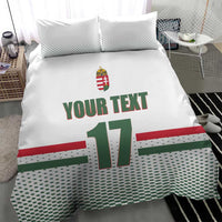 White bedding set with two pillows featuring “YOUR TEXT” and Hungarian crest with “17”