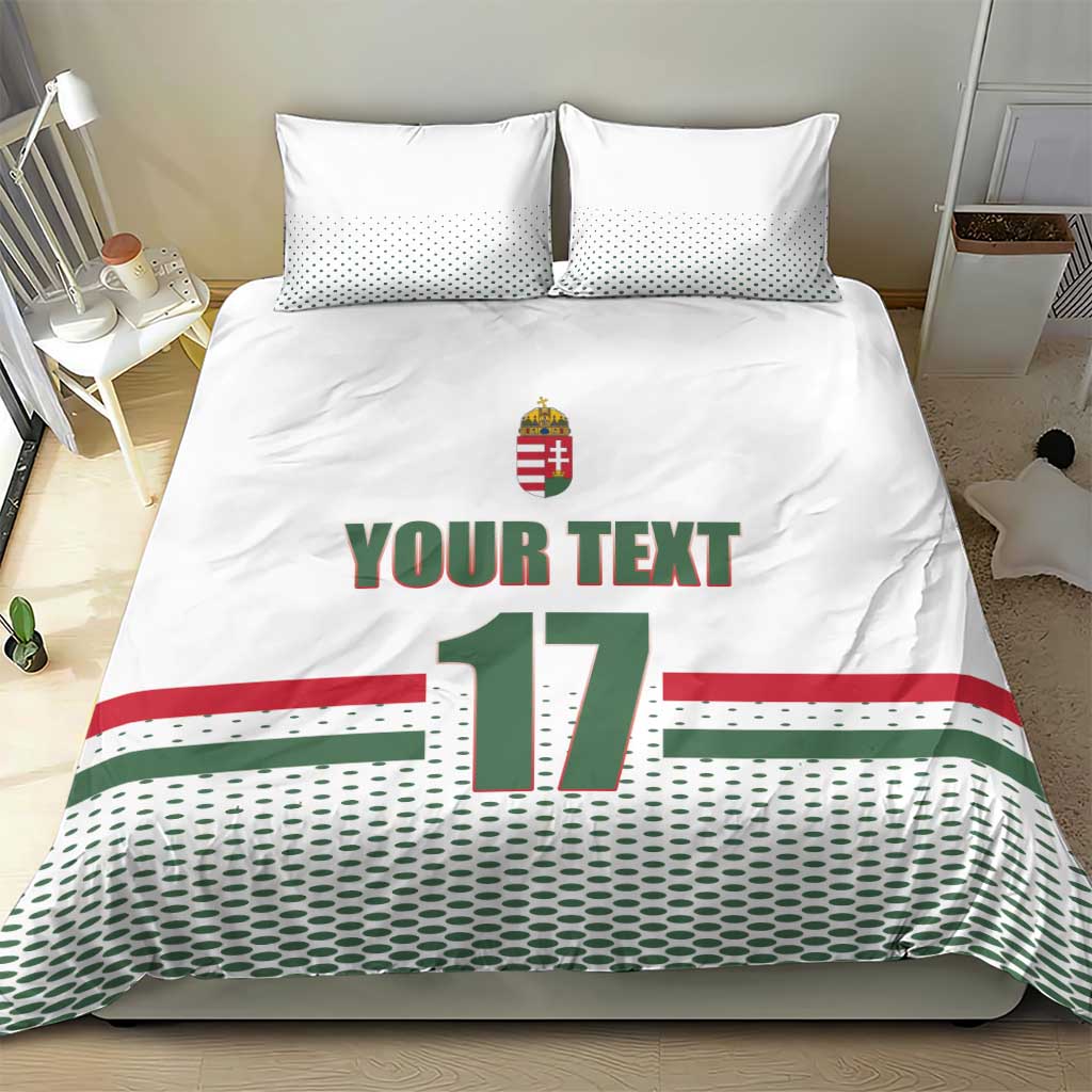 White duvet and two pillows with Hungarian flag stripe, “YOUR TEXT” and number “17”