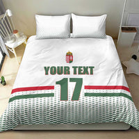White duvet and two pillows with Hungarian flag stripe, “YOUR TEXT” and number “17”