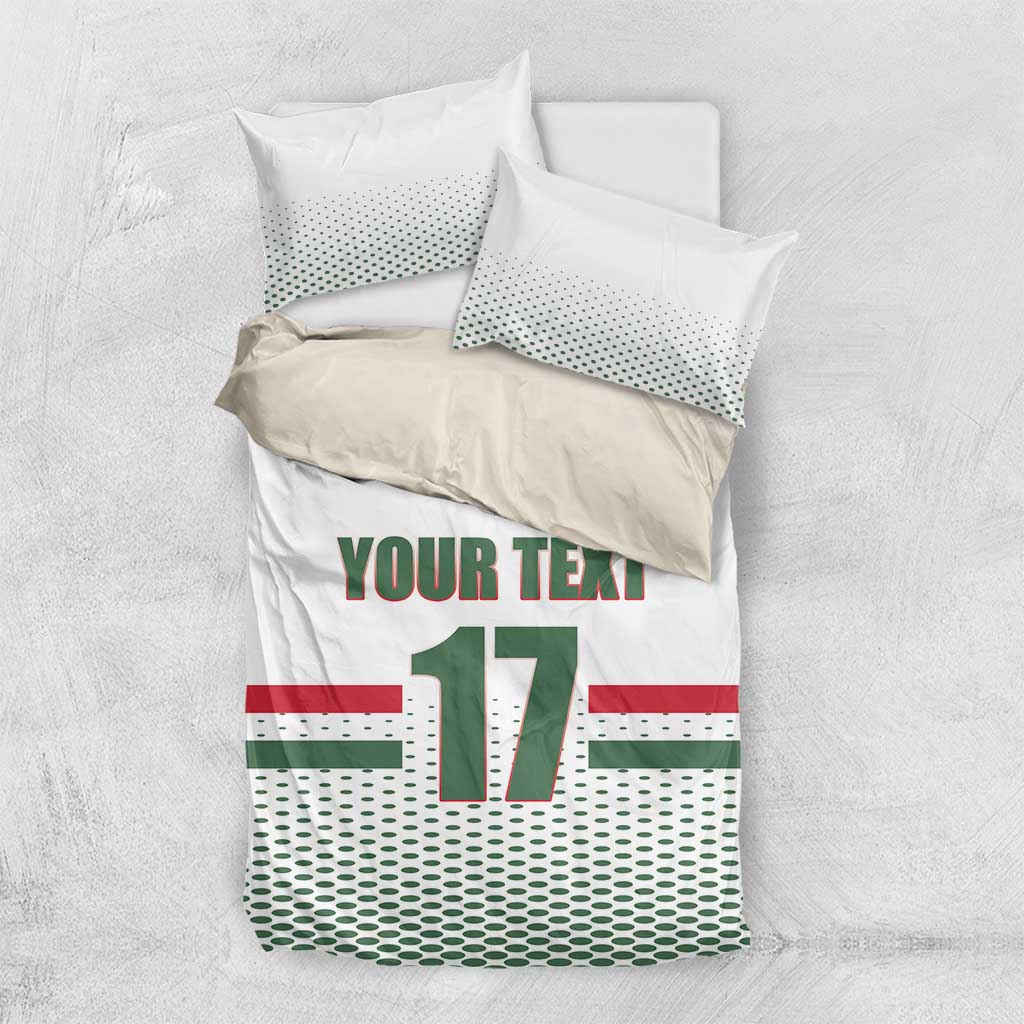 White bedding set with two pillows and duvet, “YOUR TEXT” and Hungarian “17” print