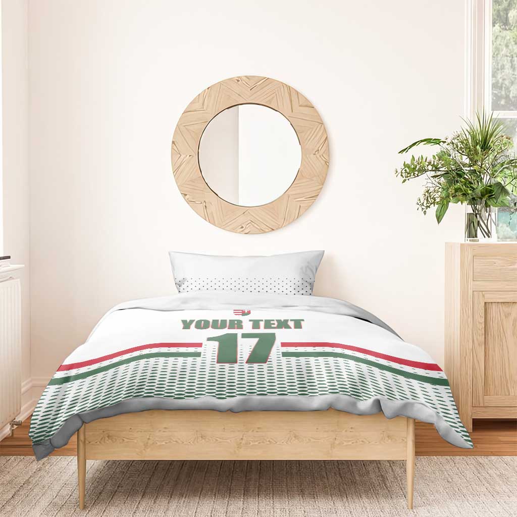 White duvet and pillow set with Hungarian crest, “YOUR TEXT” and large “17” number