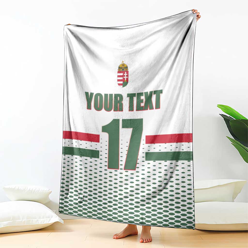 White custom ice hockey blanket with Hungary crest, 'YOUR TEXT', and number 17 design