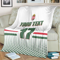 White custom ice hockey blanket on armchair with Hungary crest, 'YOUR TEXT', number 17