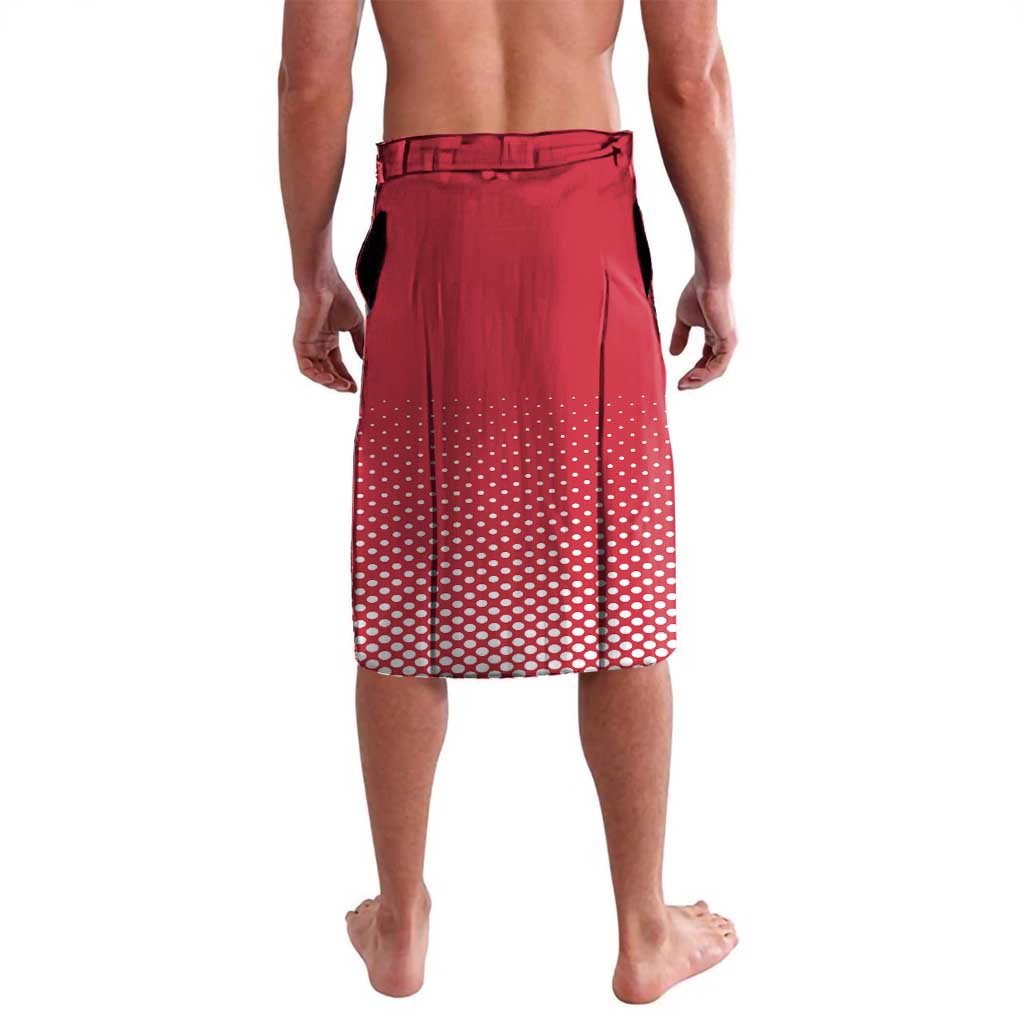 Red hockey-style shorts back view with dotted hem and elastic waistband