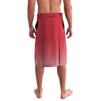 Red hockey-style shorts back view with dotted hem and elastic waistband