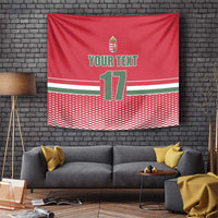 Red ice hockey wall tapestry with crest, "YOUR TEXT" and number 17, striped bottom