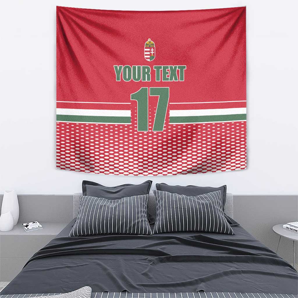 Red ice hockey wall tapestry with crest, "YOUR TEXT", number 17 and green/white stripes
