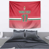 Red ice hockey wall tapestry with crest, "YOUR TEXT", number 17 and green/white stripes