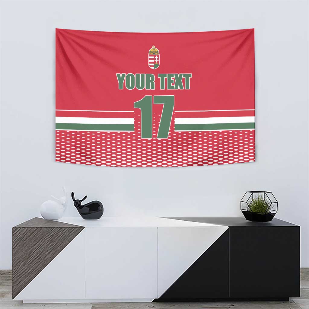 Red ice hockey wall tapestry with crest, "YOUR TEXT" and number 17, patterned lower band