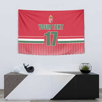 Red ice hockey wall tapestry with crest, "YOUR TEXT" and number 17, patterned lower band