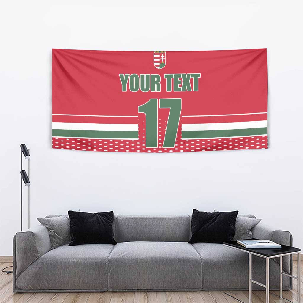 Red ice hockey wall tapestry with crest, "YOUR TEXT" and number 17, dotted red border