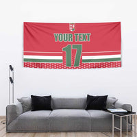 Red ice hockey wall tapestry with crest, "YOUR TEXT" and number 17, dotted red border