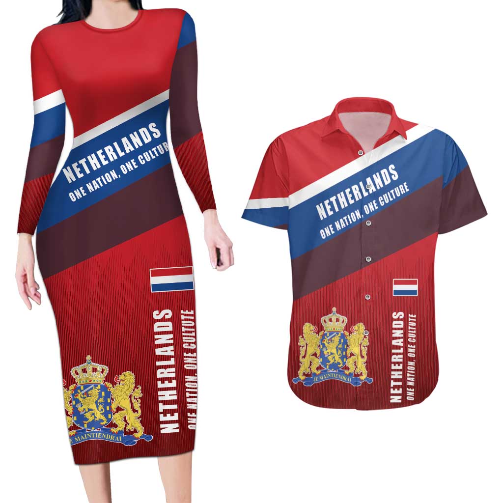 Personalized Netherlands Lion Couples Matching Long Sleeve Bodycon Dress and Hawaiian Shirt Nederland Flag and Coat of Arms