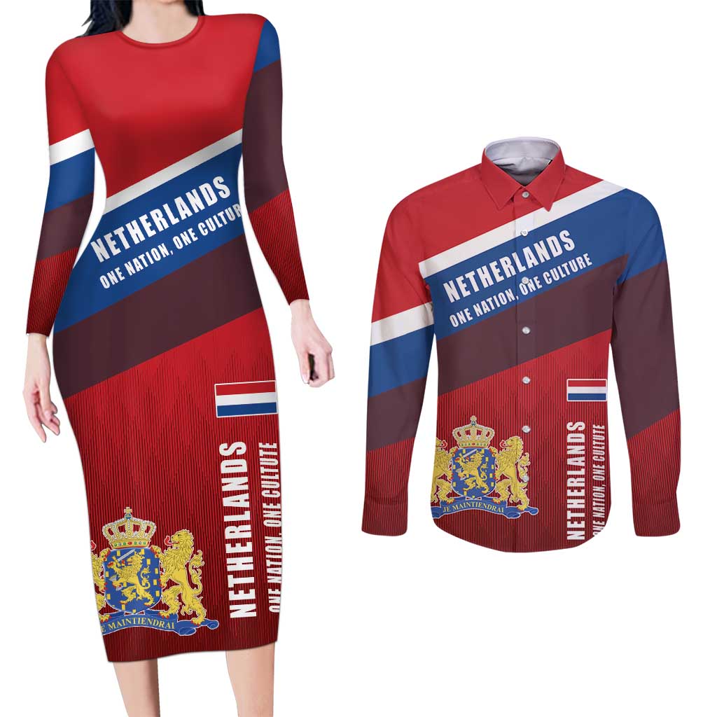 Personalized Netherlands Lion Couples Matching Long Sleeve Bodycon Dress and Long Sleeve Button Shirt Nederland Flag and Coat of Arms