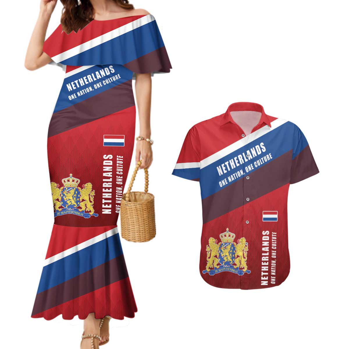 Personalized Netherlands Lion Couples Matching Mermaid Dress and Hawaiian Shirt Nederland Flag and Coat of Arms