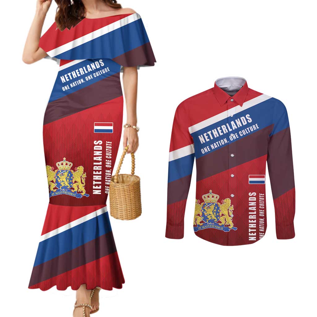 Personalized Netherlands Lion Couples Matching Mermaid Dress and Long Sleeve Button Shirt Nederland Flag and Coat of Arms