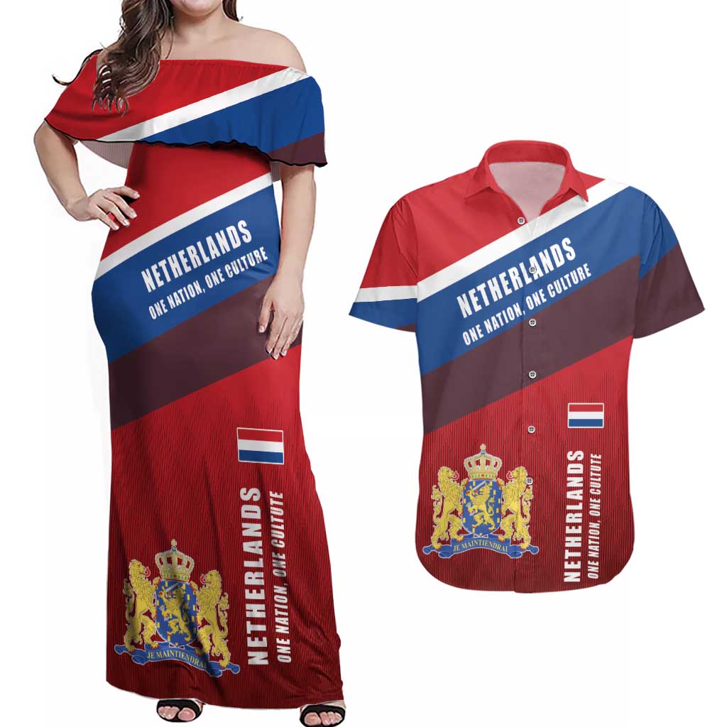 Personalized Netherlands Lion Couples Matching Off Shoulder Maxi Dress and Hawaiian Shirt Nederland Flag and Coat of Arms