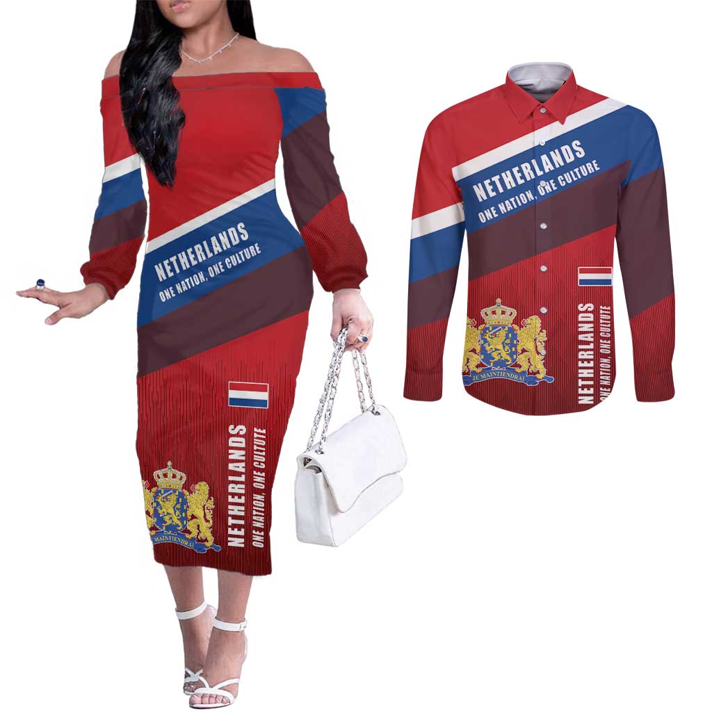 Personalized Netherlands Lion Couples Matching Off The Shoulder Long Sleeve Dress and Long Sleeve Button Shirt Nederland Flag and Coat of Arms